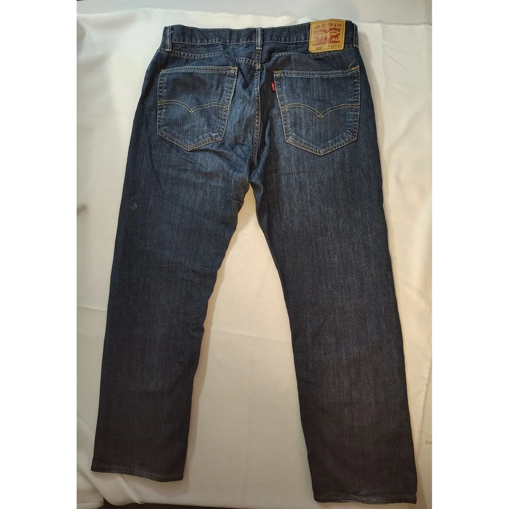 Levis 505 Mens Reg Fit Straight Leg Jeans Dark Wash Indigo Blue Classic 36x30